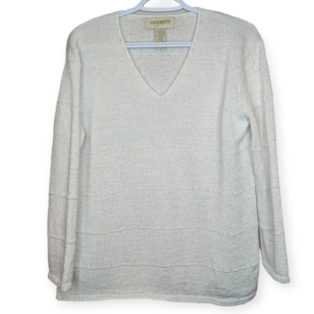 Vintage EasySpirit White Knit V Neck Long  Sleeve Top Sweater Woman 3